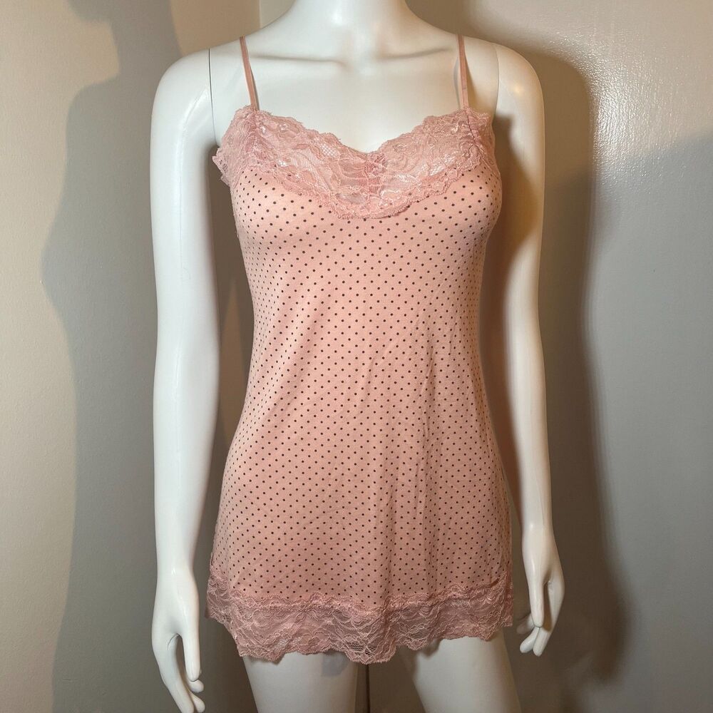 Vintage Y2K Pink Brown Polka Dot Lace Cami L - Twee Coquette Retro Downtown Girl